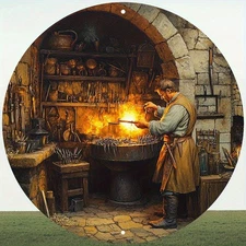 Medieval Blacksmith Round Aluminum Art - Vintage Frameless Office Decor