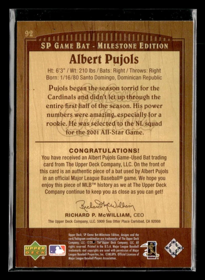 2001 SP Albert Pujols Rookie Milestone Game Used Bat Relic /500 #92 SE1853 - Image 2 of 2