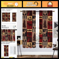 Rustic Blackout Curtains for Bedroom - Vintage Farmhouse Moose Bear Elk Plaid Dr