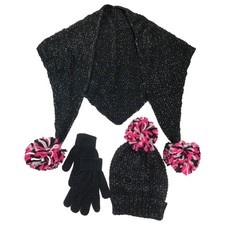 Capelli Girls Black Sparkle Triangle Scarf Beanie Hat  Gloves Set
