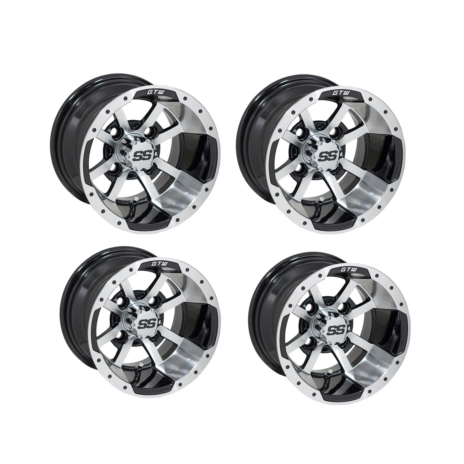 Set of 4 Golf Cart GTW Storm Trooper 10 inch Machined Black Wheel W/ 3:4 Offset