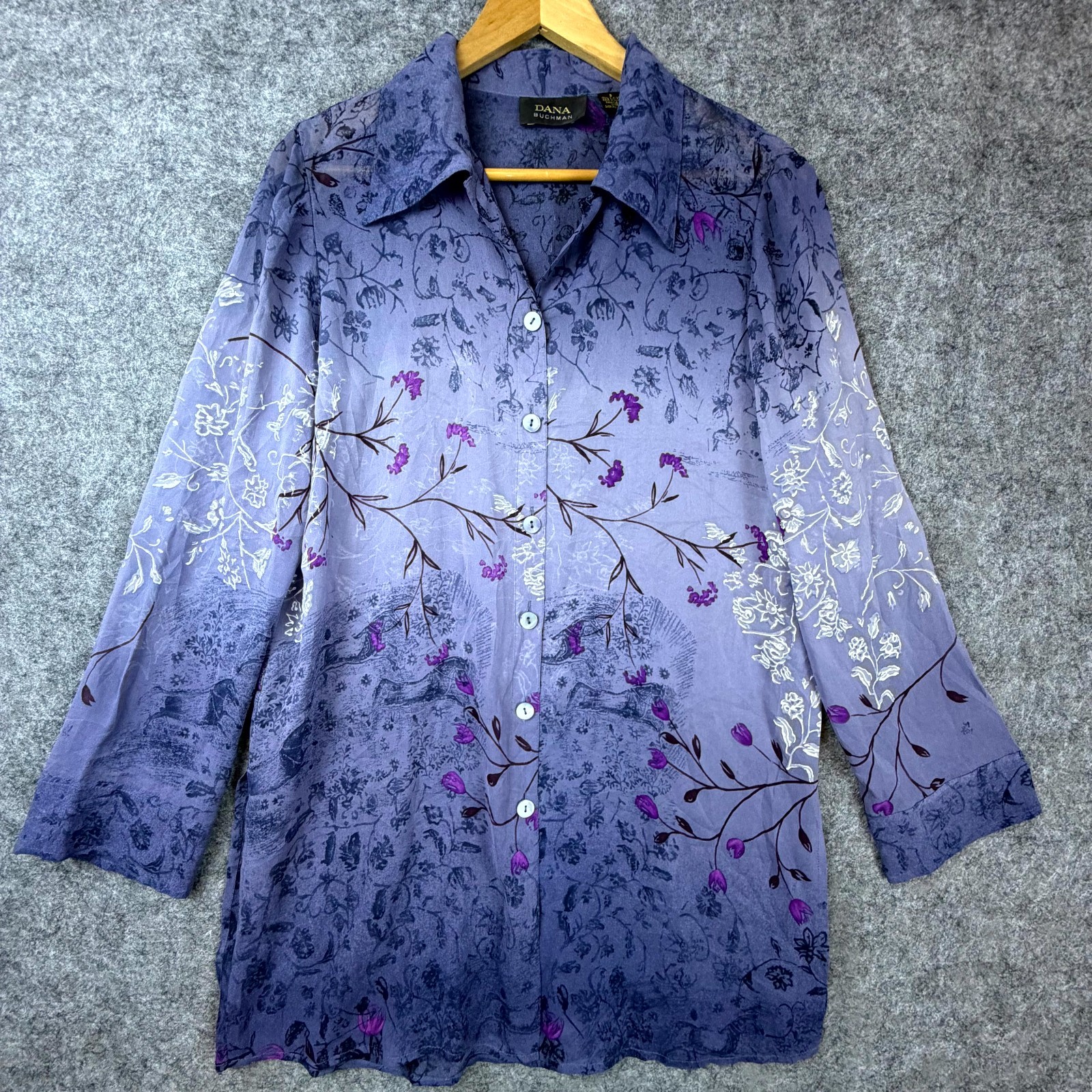 Dana Buchman Shirt Womens 8 Purple Ombre Floral Sheer 100% Silk Grandma Chic
