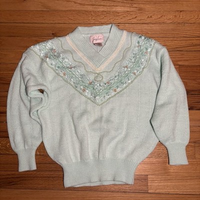 Vintage Jaclyn Smith Sweater Womens Small Green Pastel Beaded Long Sleeve New