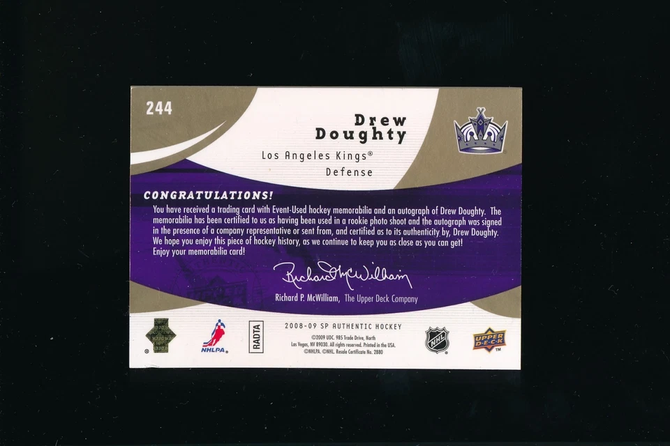 2008-09 SP Authentic Future Watch Limited #244 Drew Doughty Auto Patch 068/100 - Image 2 of 2