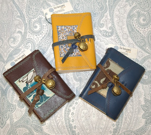 LEATHER COVERED JOURNALS - HANDMADE PAPER,  GLASS BEADS & BRASS BELLS - SET OF 3