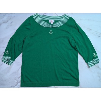 Quacker Factory Womens Green Nautical Anchor Sailor Collar Knit Sweater Large