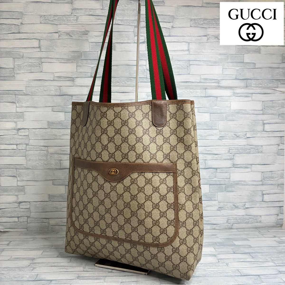 GUCCI GG Tote Bag Beige PVC Green Red Web Vintage Style Japan F/S USED thumbnail 10