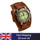 NEW Wide Leather Watch Cuff Band Brown Wrist Black Strap Punk Retro Quartz Mens