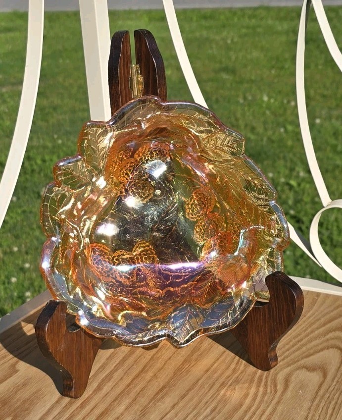 Amber Marigold Carnival Glass Grape & Leaf Bowl Iridescent Candy Plant Dish