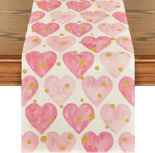 Golden Pink Love Valentine'S Day Table Runner, Seasonal Anniversary Kitchen Dini