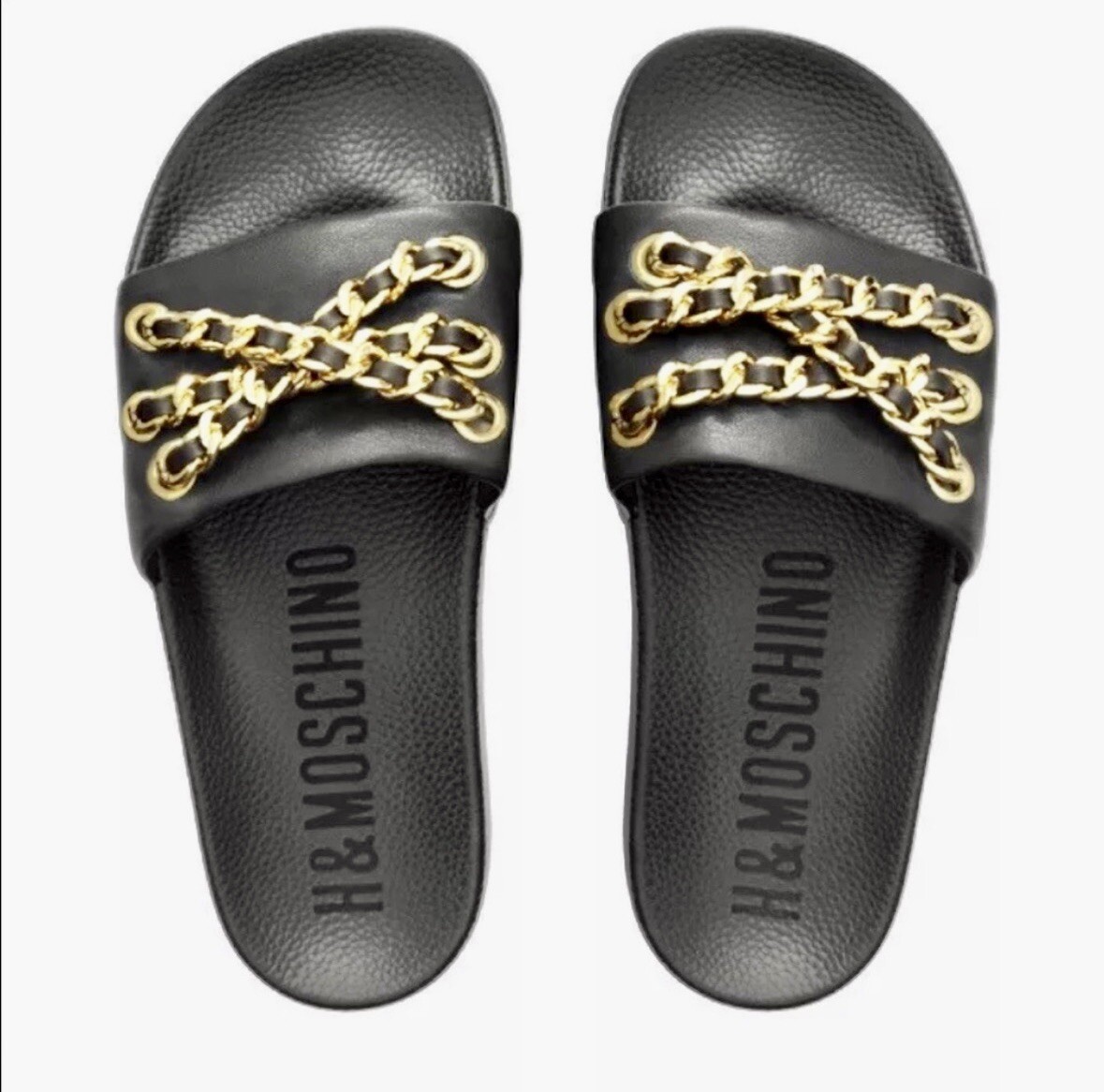 PANTOFOLA D’ORO NUOVO MOSCHINO PER H&M SLIDE PELLE PANTOFOLE CATENE ORO NERO CATENE US 5 5 6 EUR36 37