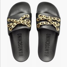 NEW MOSCHINO FOR H M LEATHER SLIDES SLIPPERS BLACK GOLD CHAINS US 5.5-6 EUR36/37