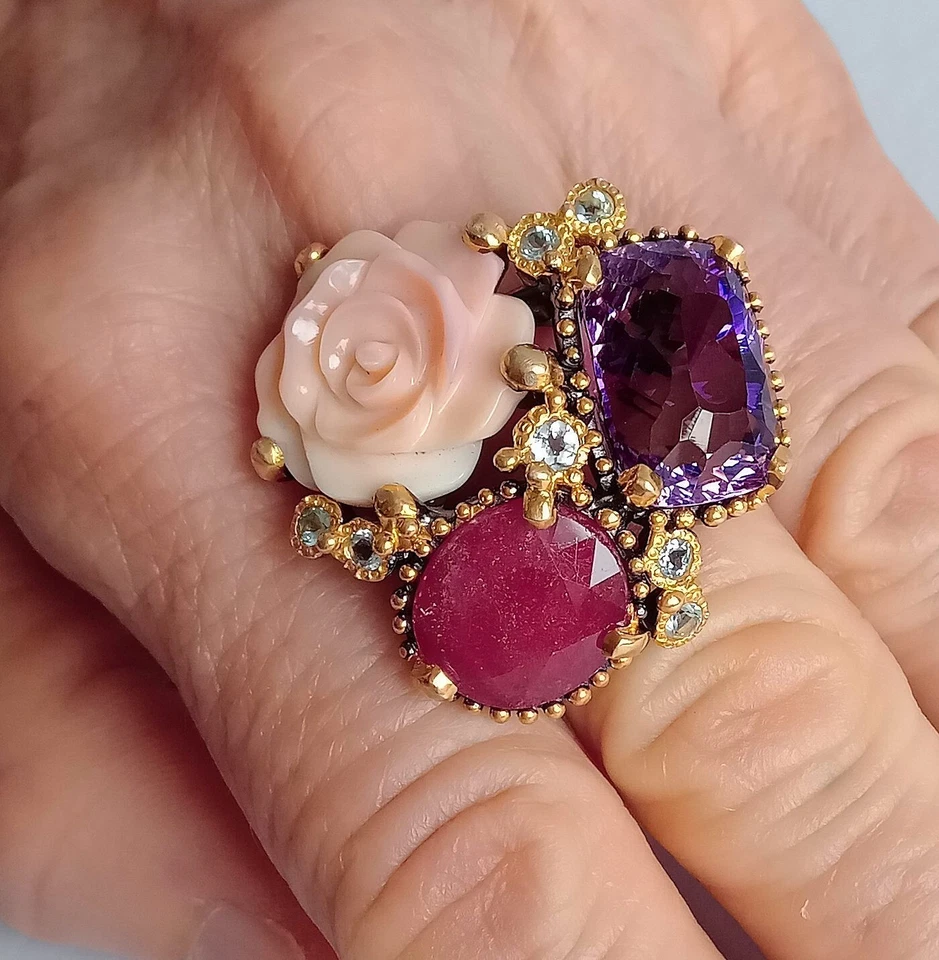 ANELLO ARG.ST. 925 BRUNITO: RUBINO MASSIVO, AMETISTA E CONCHIGLIA ROSA NATURALI - Immagine 2 di 4