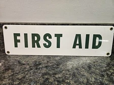 Vintage First Aid Sign Green on White Porcelain / Enamel? Metal Sign ~ READ~