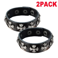 2PCS Leather Bracelet Punk Cross Spike Rivet Cuff Metal Studded Black Wristband
