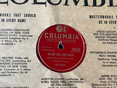 FRED ROSE No One Will Ever Know/Don't Feel Sorry for Me COLUMBIA 20436 V+ 10'' 78