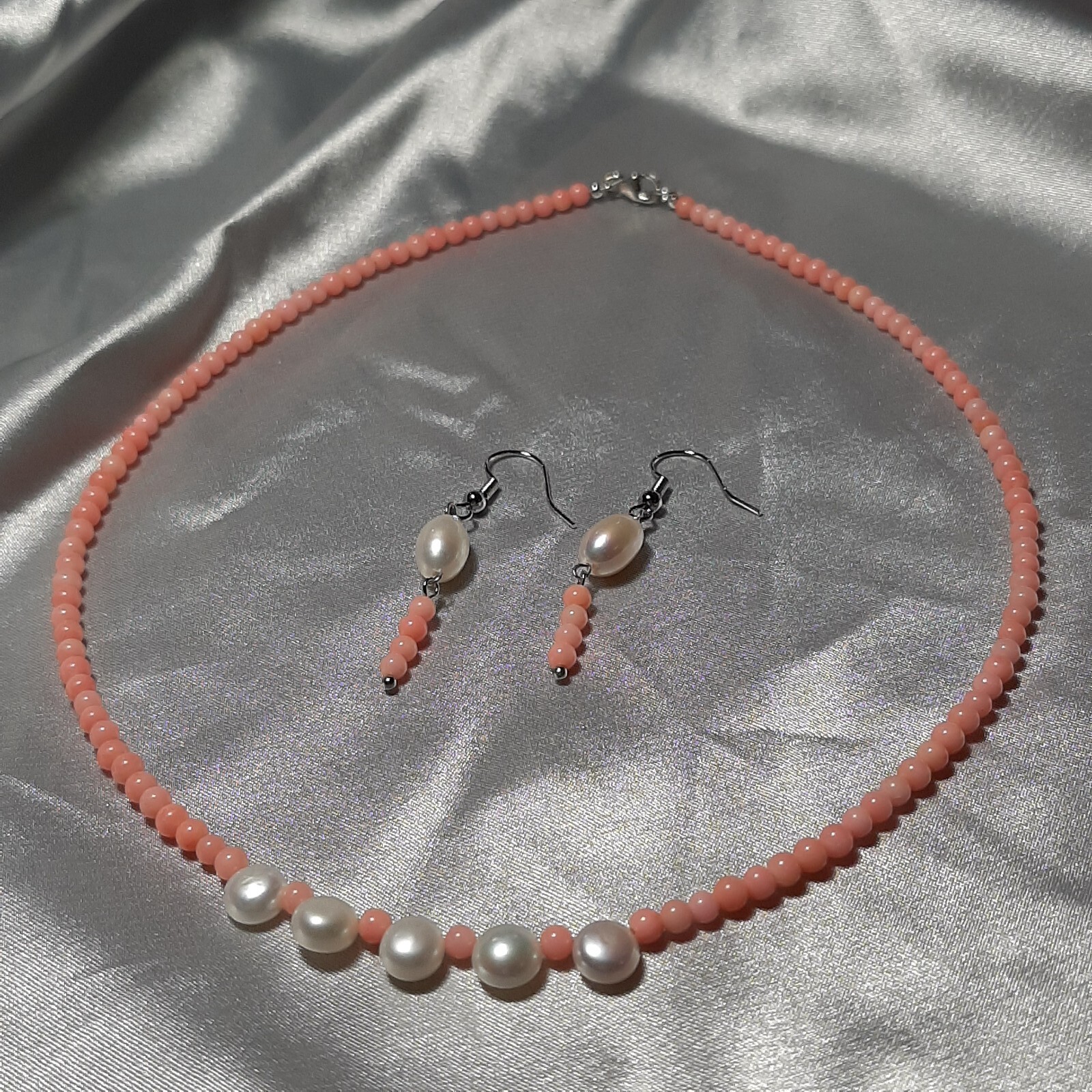 Parure bijoux argent 925 perle d'eau douce naturelle et corail rose véritable