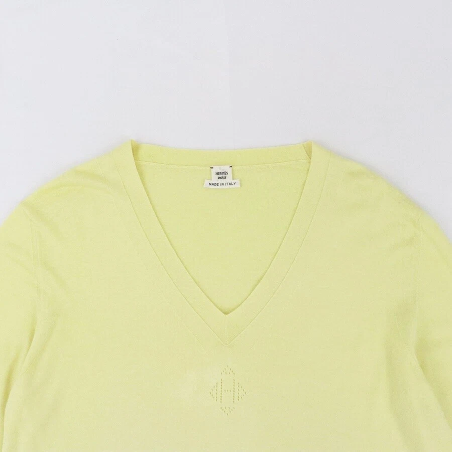 HERMES H punching V-neck knit sweater Women Pastel yellow 42 | eBay