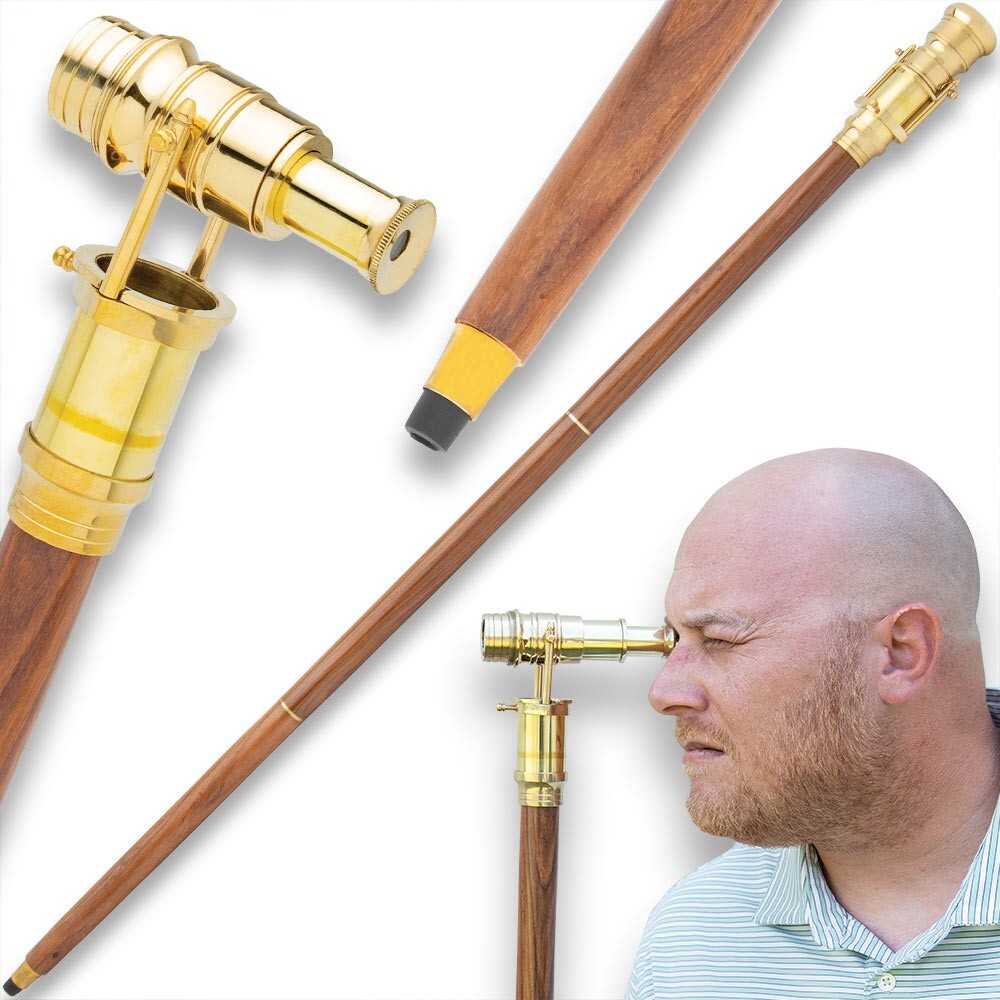 Brass Telescope and Walking Stick | 3-Piece Break-Down Design | 37" Overall