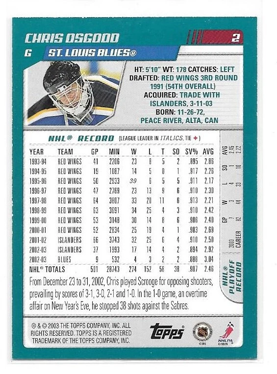 2003-04 Topps Gold Hockey Numbered Parallel #2 Chris Osgood 17/50 Blues - Image 2 of 2