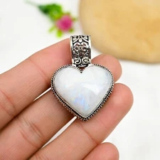Natural Rainbow Moonstone Heart Pendant 925 Sterling Silver Handmade Jewelry