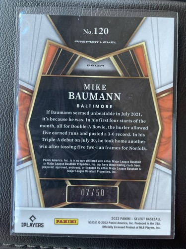 Panini Select Premier Level White Prizm SP 2022 07/50 ¡Mike Baumann RC Orioles! - Imagen 2 de 2