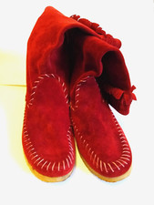 Vintage RED Suede Leather MOCASSIN BOOTS With Fringe size 6.5M Made in Italy