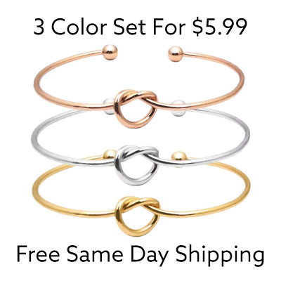 Gold Plated Twisted Knot  Bangle 3 Color Set Bracelets Unisex Resizable Gift