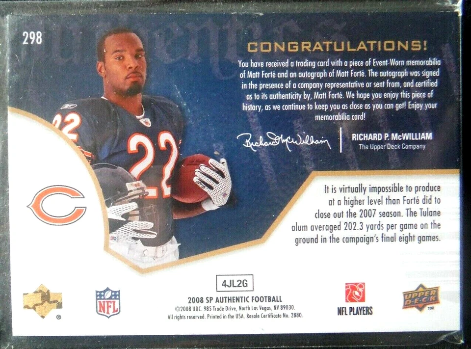2008 SP Authentic AUTO PATCH Rookie * MATT FORTE * RC #ed/999 Chicago HOF 08 UD - Image 2 of 2
