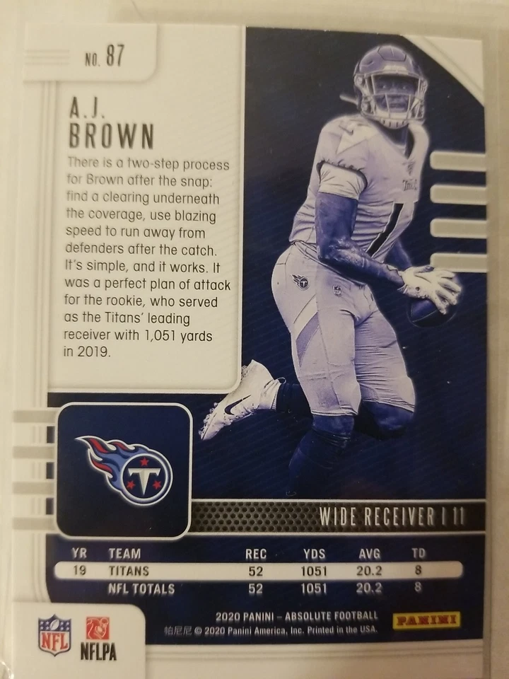 2020 Panini Absolute Base Card #87 A.J. Brown - Tennessee Titans - Image 2 of 2