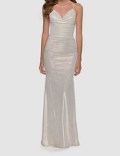 450 La Femme Women's Gold Backless Ruched Gown Dress Size 4