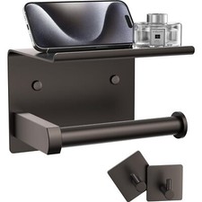 Toilet Paper Holder with Shelf  Towel Robe Hooks, Adhesive or Screw Wall Mou...
