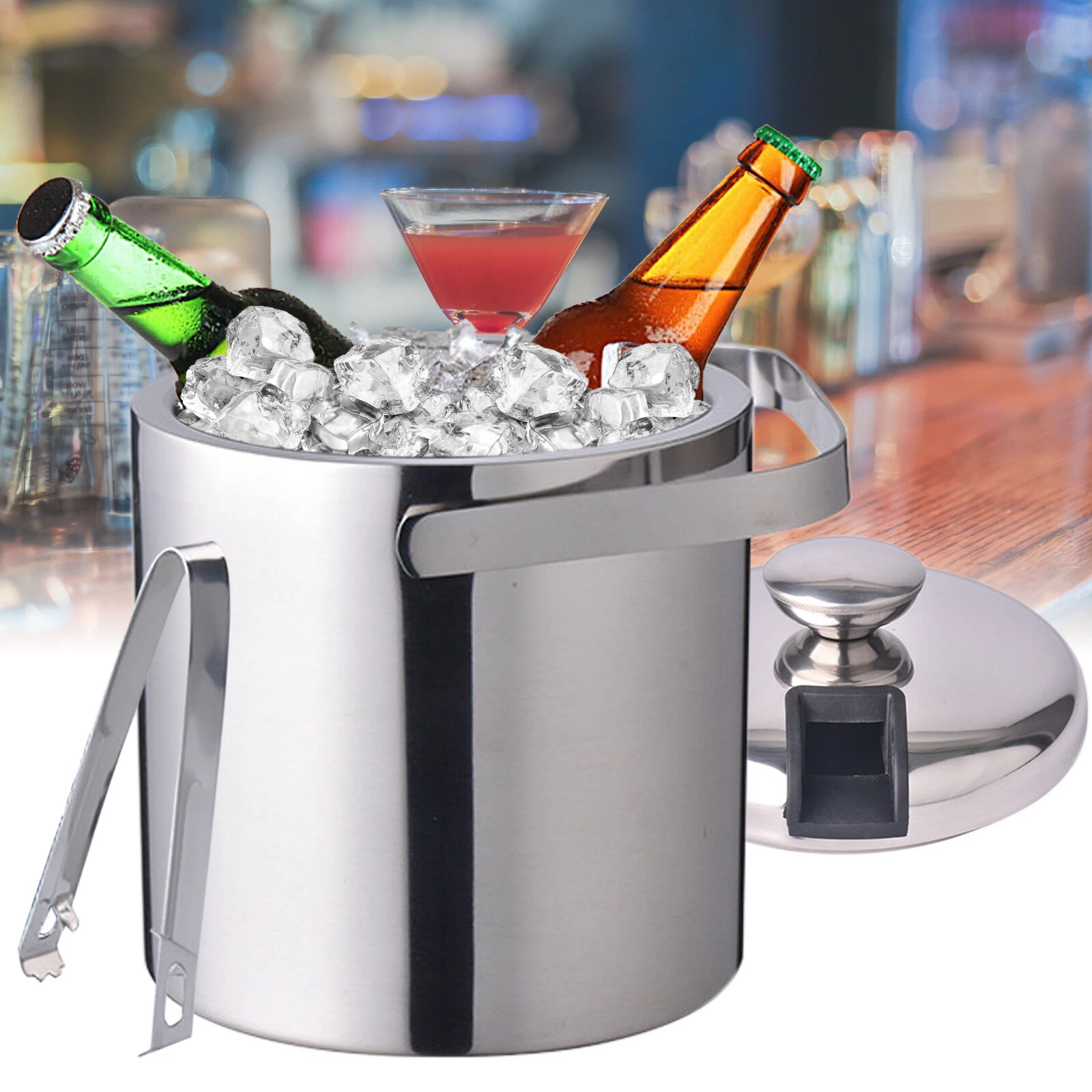 Stainless-Steel Insulated Ice Bucket Ice Tong +Lid 1300ML Beer Beverage Cooler