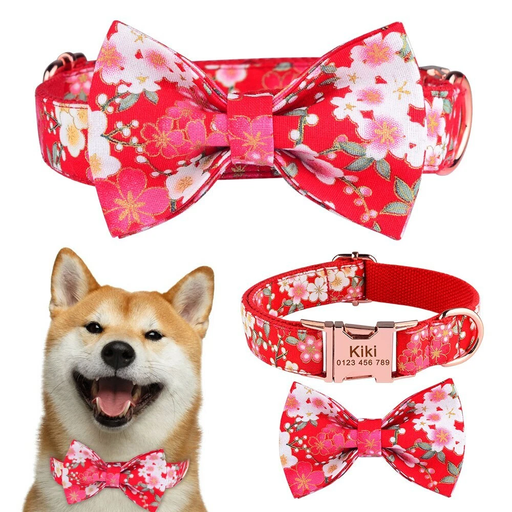 Red Flower Bow Tie Dog Collar And Leash