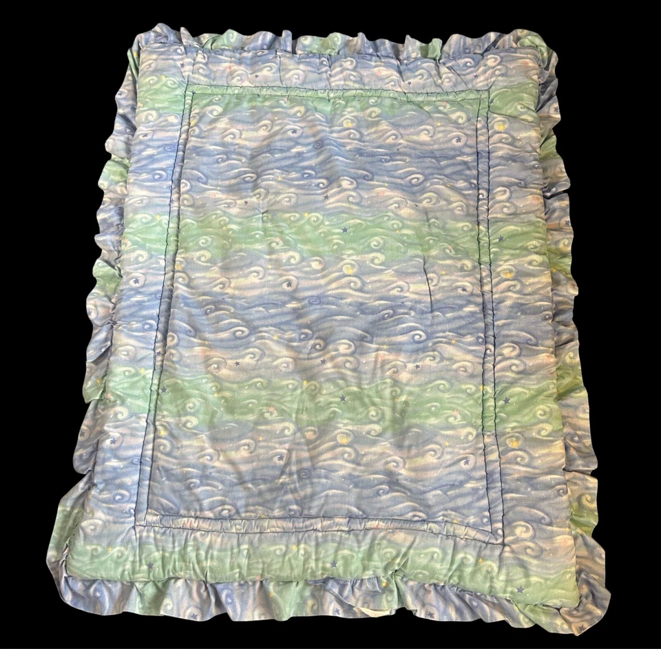 Cobertor de bebê vintage azul golfinho pelicano lua sol colcha babados glitter unissex - Imagem 4 de 4