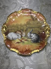 Antique Hand Painted Limoges Rabbits 9.5? Plate Gold Scalloped Signed Fredo