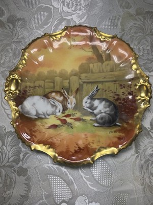 Antique Hand Painted Limoges Rabbits 9.5  Plate Gold Scalloped Signed Fredo