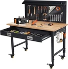 Multifunctional Adjustable Workbench 48"x24" w/ Pegboard Power Outlets & Wheels