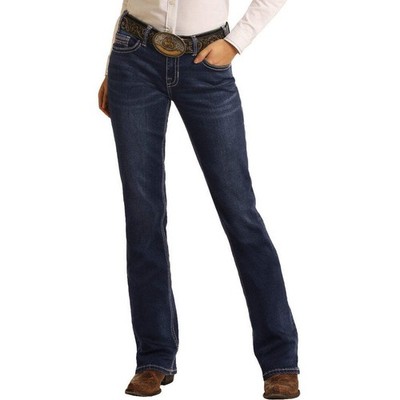Rock & Roll Denim Ladies Mid Rise Extra Stretch Bootcut Riding Jeans- Dark Wash