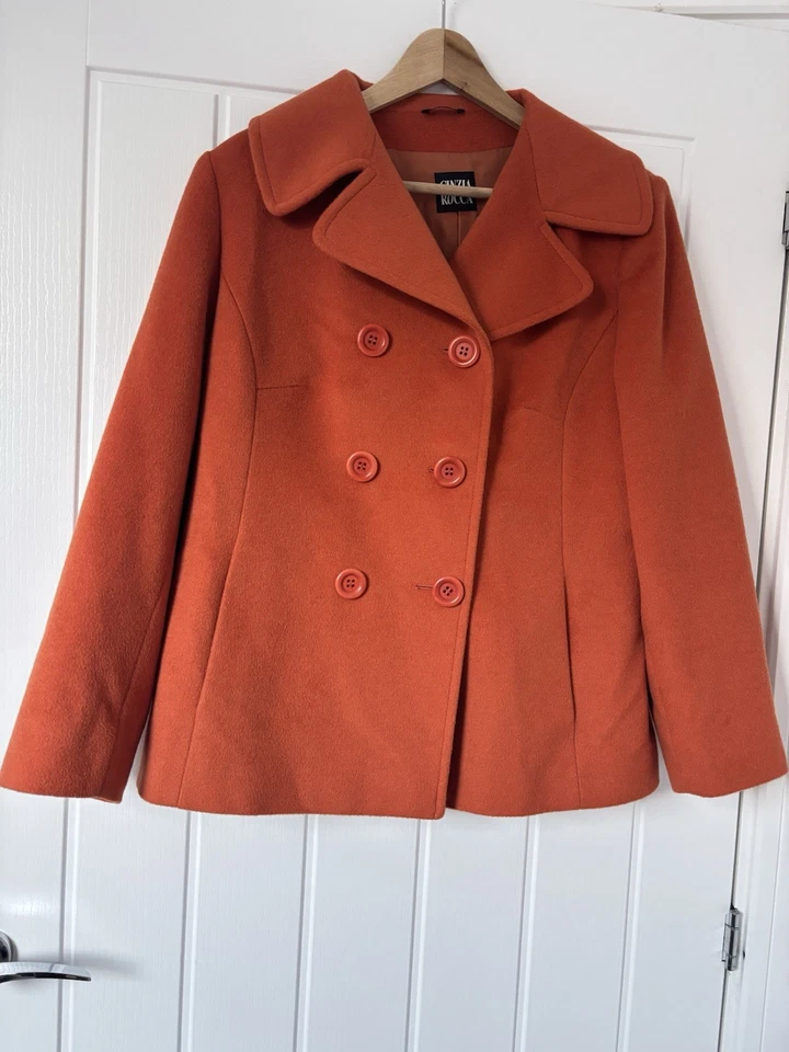 Cinzia Rocca Orange Angora Wool Double Breast Short Jacket Coat Pockets L 16 - Image 2 of 4