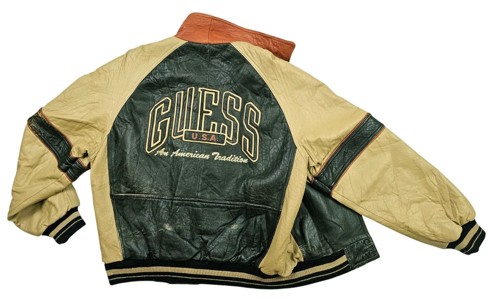 HOT VTG Men's GUESS @ VARSITY BOMBER EMBROIDERED LOGO BLACK TAN LEATHER Jacket M - Image 4 of 4