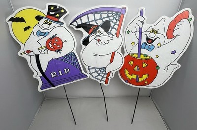 Lot of 3 VTG 1996 Yard Art Impact Plastics Halloween Ghost Pumpkin Yard Decor