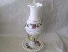 Vintage Milk Glass Hobnail Bedside Table Lamp w/ White Globe & Painted Roses