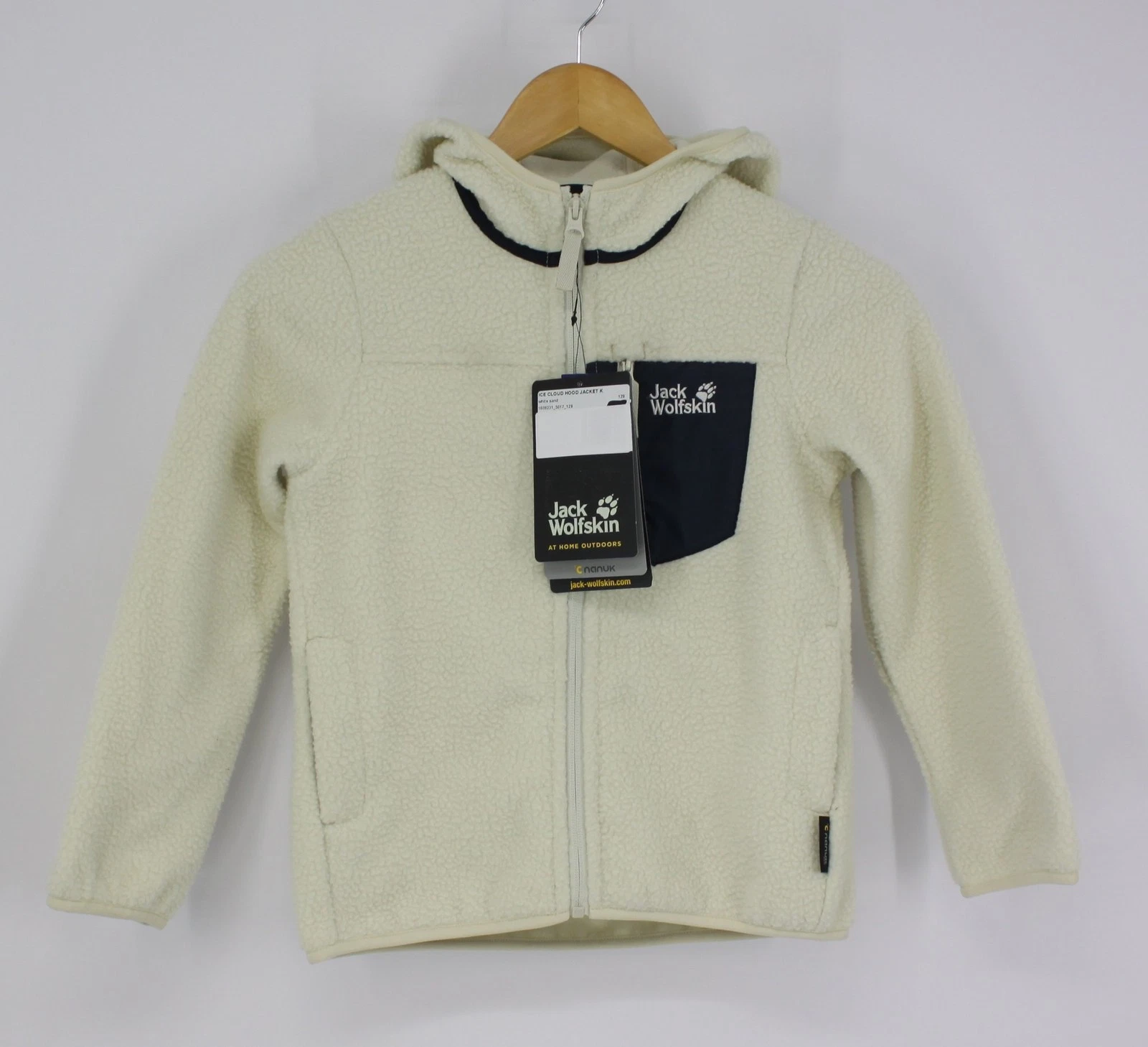 JACK WOLFSKIN UNISEX KIDS ICE CLOUD HOOD JACKET 128/ 7-8Y WHITE SAND RRP £45 IB