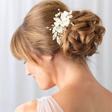 Flower Bridal Hair Pieces with Comb Pearl Leaf White Ceramic Floral Wedding H...