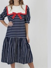 Vintage Navy and White Striped Midi Dress with Red Sailor Collar