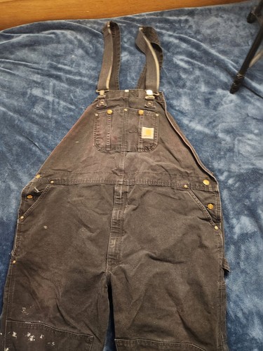 Vintage Carhartt Canvas Double Knee Bib Overalls Mens Sz 52x32 Black R01 BLK USA - Picture 4 of 10