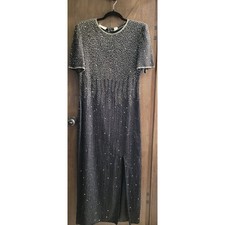Laurence Kazar Silk Beaded Sequin Maxi Dress Black XL Vintage Formal Gown Slit