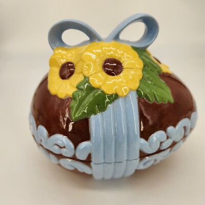 Vintage 1970s Atlantic Mold Hand Painted Ceramic Easter Egg Candy Dish Bow Daisy