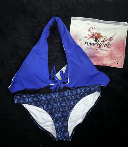 Cobalt Blue 2 Piece Halter Bathing Suit Bikini Padded Top Size Large NWT